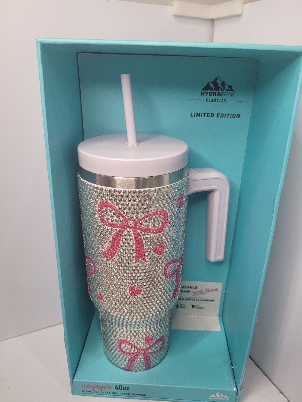 👉✨Hydrapeak Classics Pink Bow Limited Edition 40oz Bling Tumbler -Silver & Pink